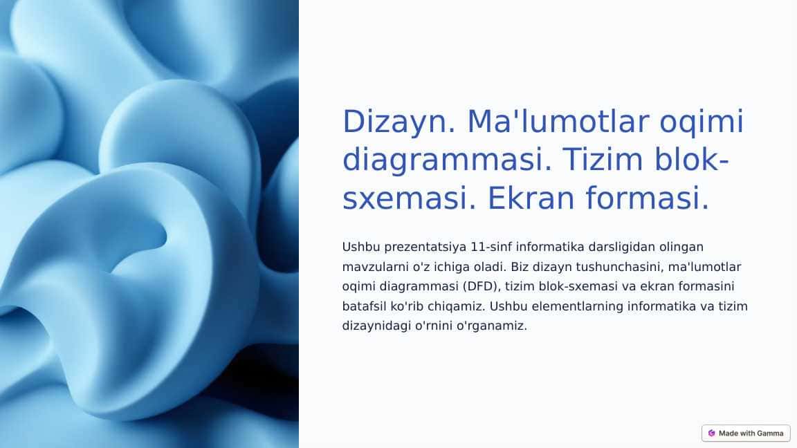 Dizayn. Ma'lumotlar oqimi diagrammasi. Tizim blok-sxemasi. Ekran formasi.