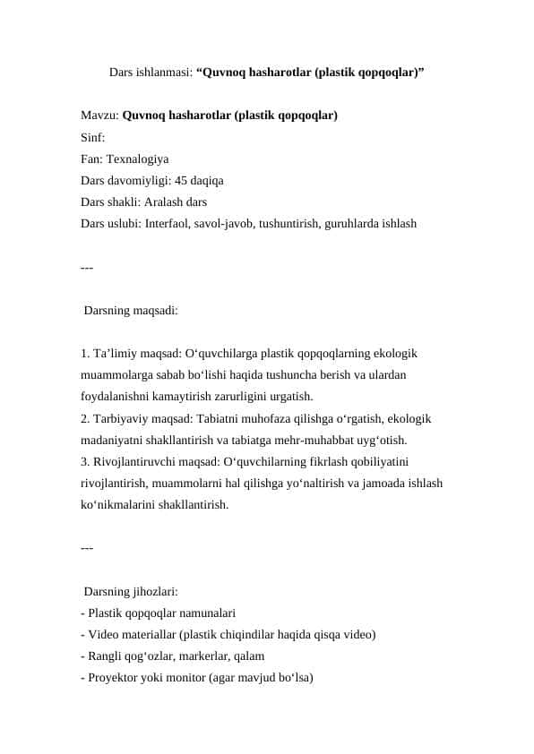 Quvnoq hasharotlar (plastik qopqoqlar) ( Dars ishlanmasi )