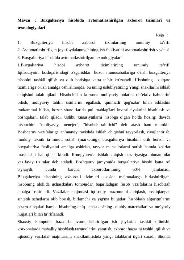 Buxgalteriya hisobida avtomatlashirilgan axborot tizimlari va texnologiyalari