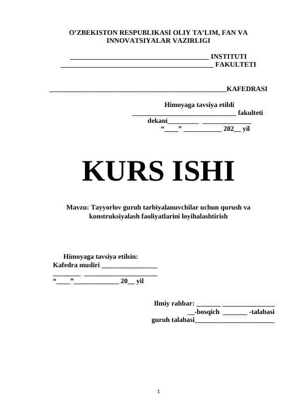 Tayyorlov guruh tarbiyalanuvchilar uchun qurush va konstruksiyalash faoliyatlarini loyihalashtirish