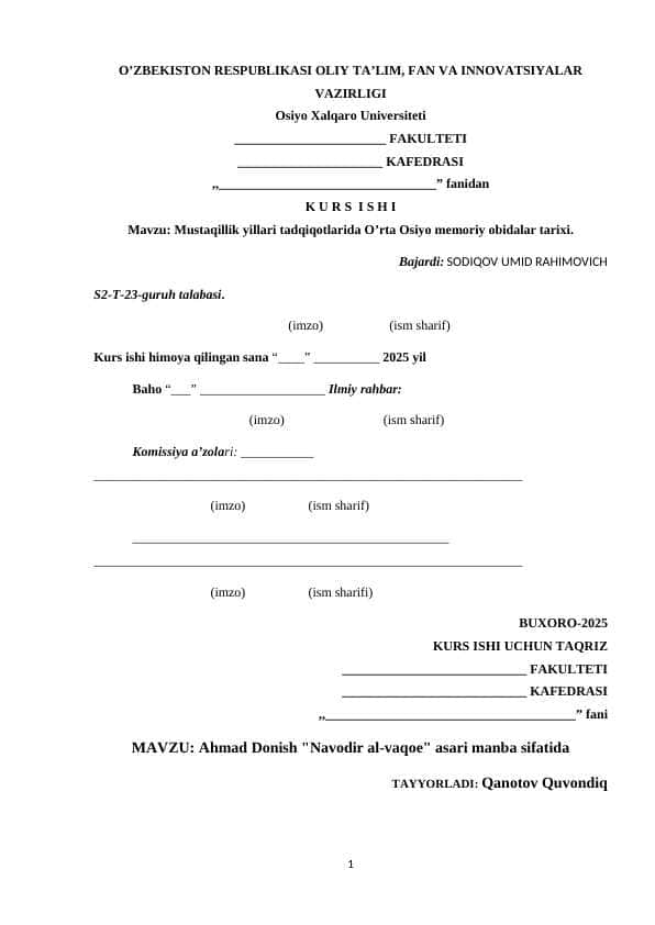 Mavzu: Ahmad Donish "Navodir al-vaqoe" asari manba sifatida. kurs ishi