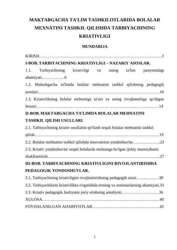 MAKTABGACHA TA'LIM TASHKILOTLARIDA BOLALAR MEXNATINI TASHKIL QILISHDA TARBIYACHINING KRIATIVLIGI