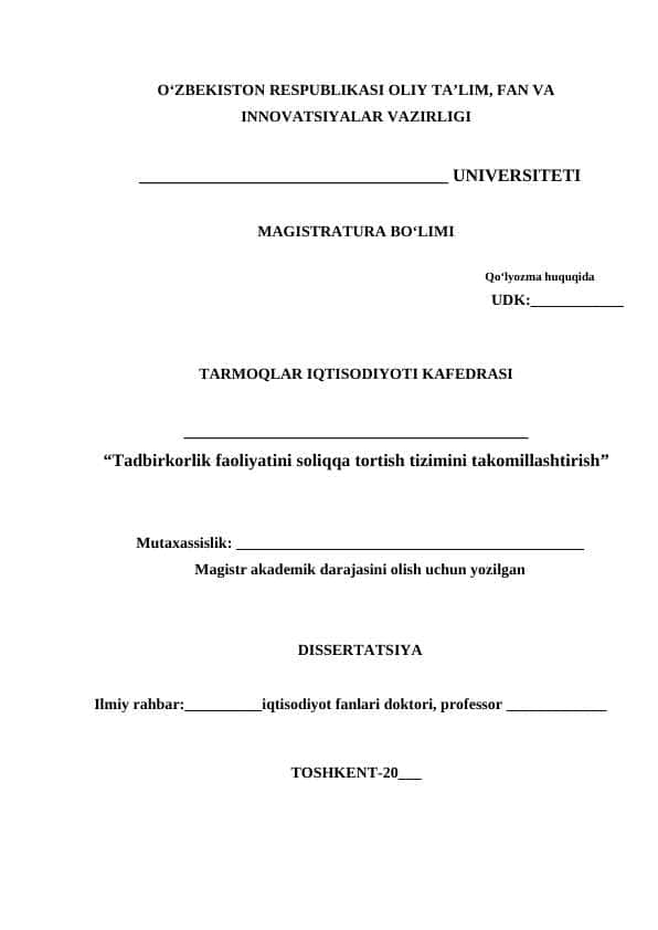 Tadbirkorlik faoliyatini soliqqa tortish tizimini takomillashtirish