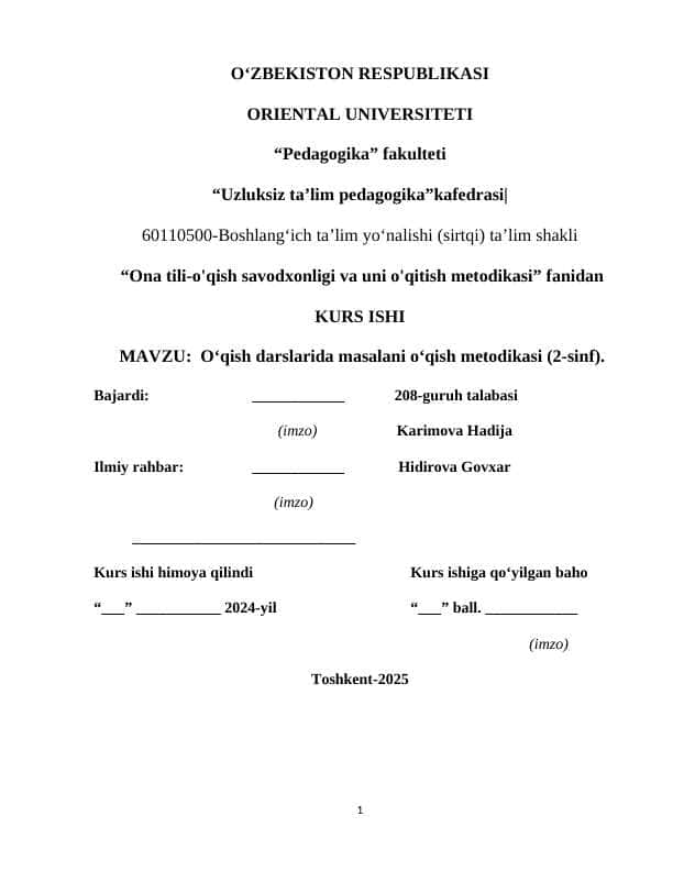 O‘qish darslarida masalani o‘qish metodikasi (2-sinf).