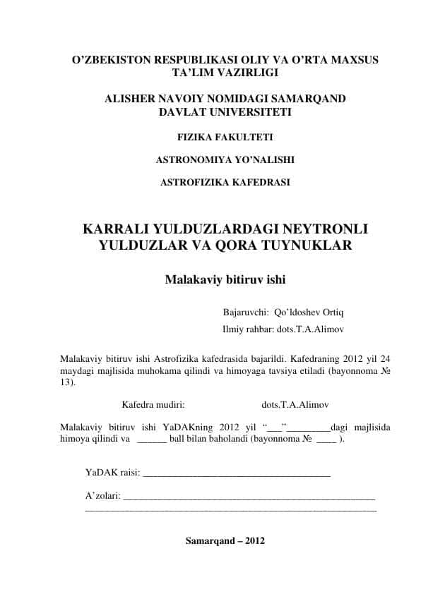 KARRALI YULDUZLARDAGI NEYTRONLI YULDUZLAR VA QORA TUYNUKLAR