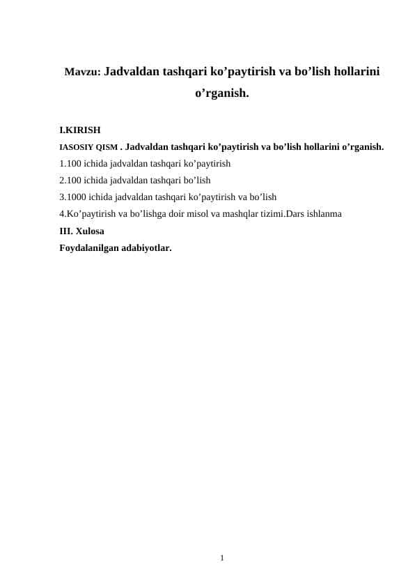 Jadvaldan tashqari ko’paytirish va bo’lish hollarini o’rganish