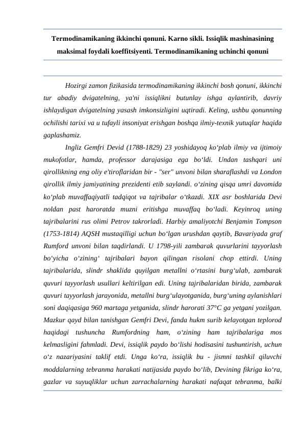 Termodinamikaning ikkinchi qonuni. Karno sikli. Issiqlik mashinasining maksimal foydali koeffitsiyenti. Termodinamikaning uchinchi qonuni