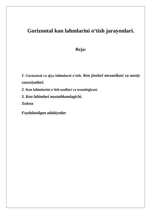 Gorizontal kon lahmlarini o‘tish jarayonlari.