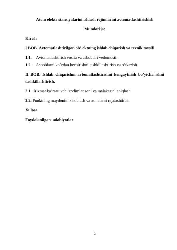 Atom elektr stansiyalarini ishlash rejimlarini avtomatlashtirishish