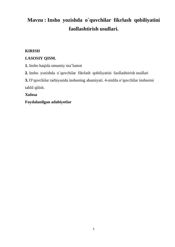 Insho yozishda o`quvchilar fikrlash qobiliyatini faollashtirish usullari