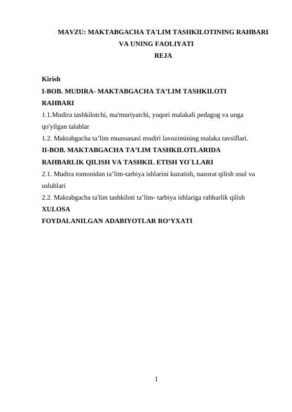 MAKTABGACHA TA'LIM TASHKILOTINING RAHBARI VA UNING FAOLIYATI