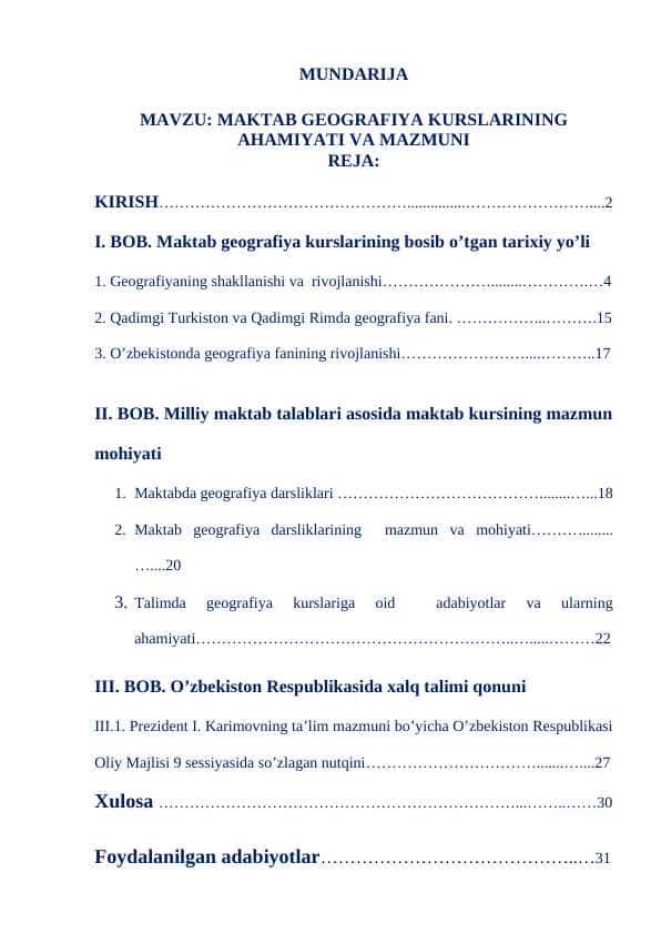 MAKTAB GEOGRAFIYA KURSLARINING AHAMIYATI VA MAZMUNI