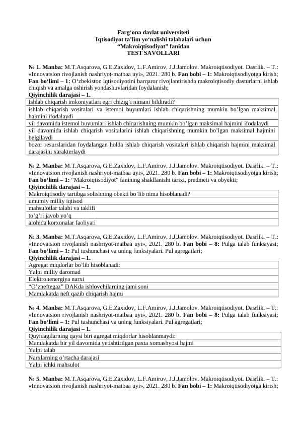 Makroiqtisodiyot fanidan 200 talik test savollari