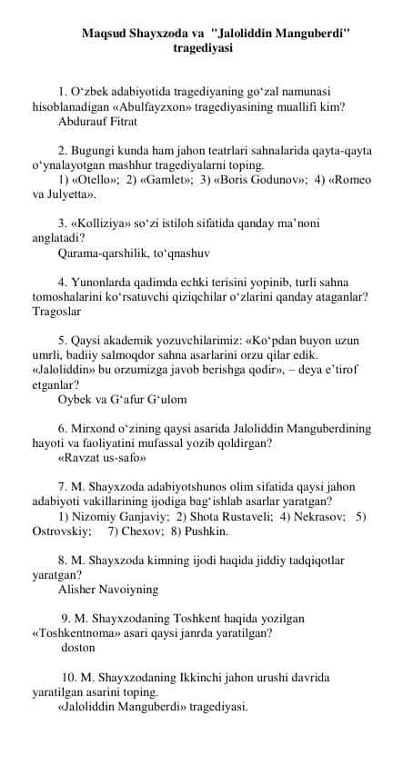 Maqsud Shayxzoda boʻyicha savol -javoblar