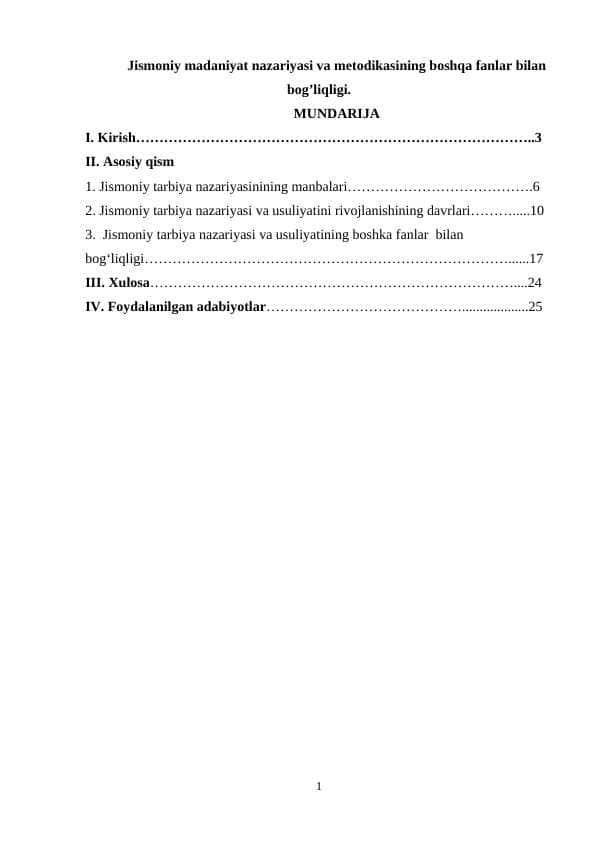 Jismoniy madaniyat nazariyasi va metodikasining boshqa fanlar bilan bog’liqligi.