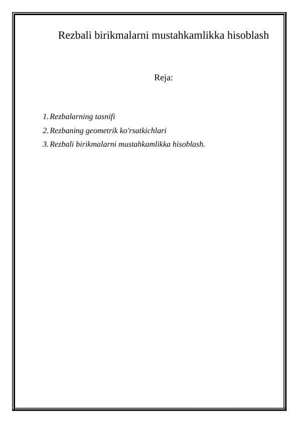Rezbali birikmalarni mustahkamlikka hisoblash