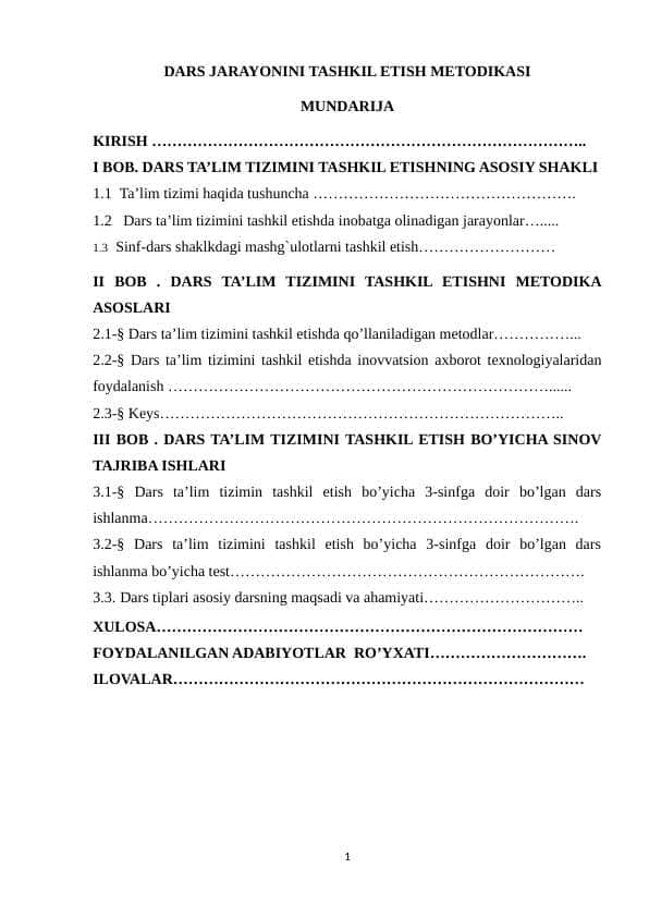 DARS JARAYONINI TASHKIL ETISH METODIKASI