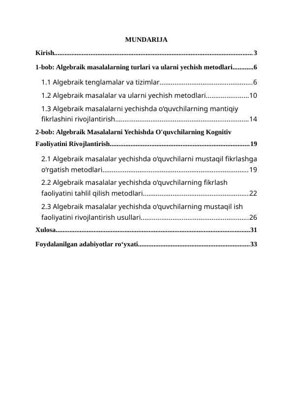Algebraik mazmunli masalalar yechishga o‘rgatish metodikasi