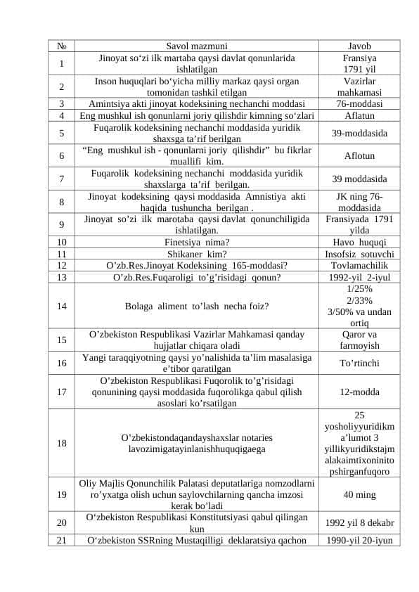Huquq attestatsiya JAVOBLAR