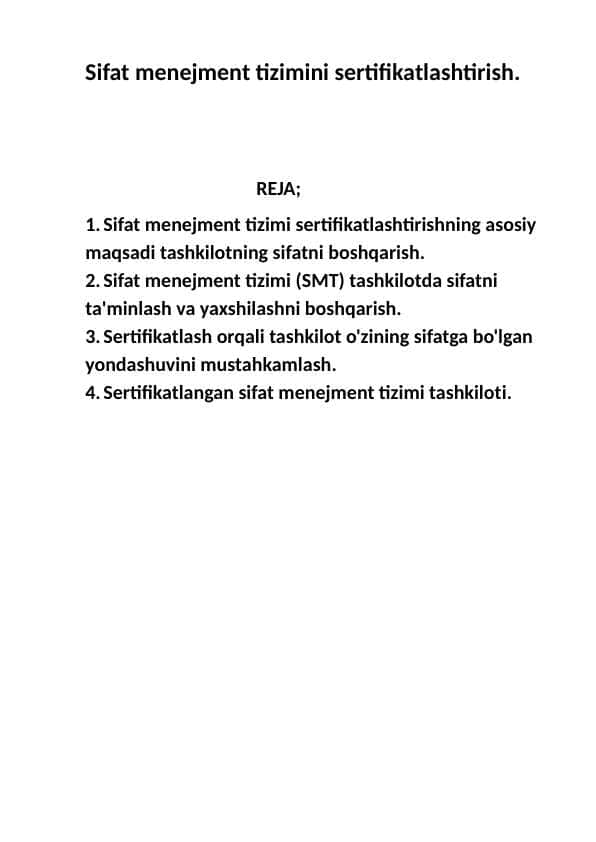 Sifat menejment tizimini sertifikatlashtirish.