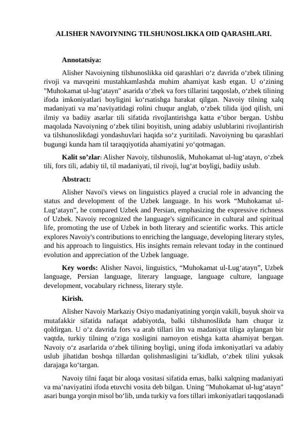 ALISHER NAVOIYNING TILSHUNOSLIKKA OID QARASHLARI.