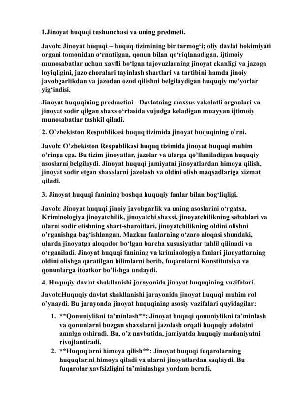 2024 jinoyat huquqi yakuniy savollar javoblari bilan