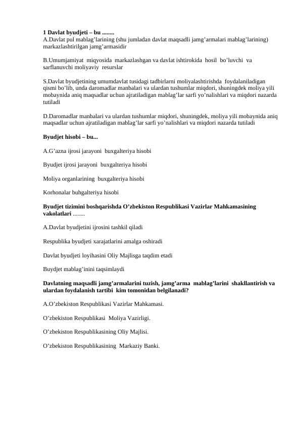 Byudjet hisobi fanidan test