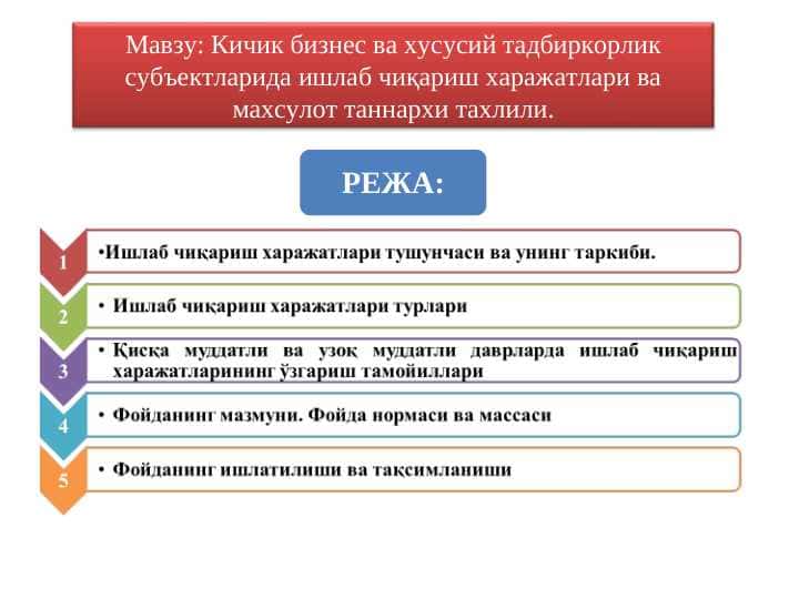 Кичик бизнес ва хусусий тадбиркорлик субъектларида ишлаб чиқариш харажатлари ва махсулот таннархи тахлили.