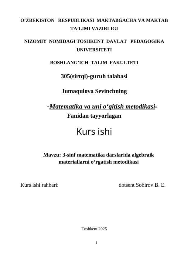 3- sinf matematika darslarida algebraik materiallarni oʻrgatish metodikasi