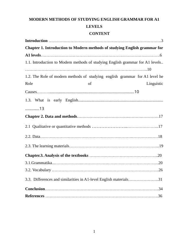 MODERN METHODS OF STUDYING ENGLISH GRAMMAR FOR A1 LEVELS