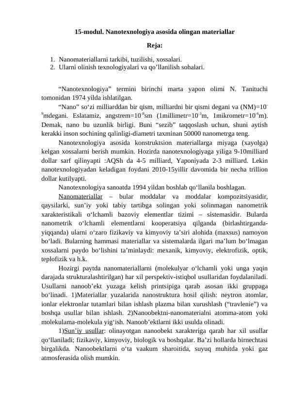 Nanotexnologiya asosida olingan materiallar