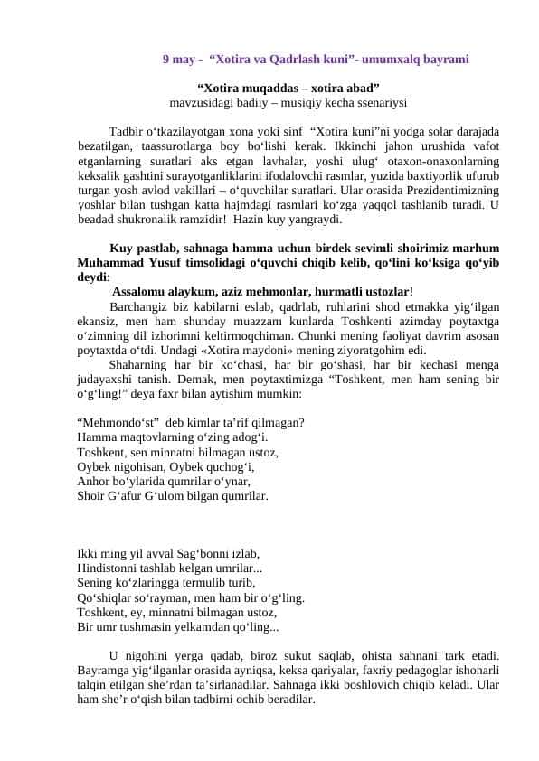 9-may xotira va qadrlash tadbir senariysi