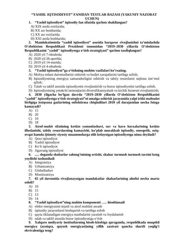 YASHIL IQTISODIYOT” FANIDAN TESTLAR BAZASI (YAKUNIY NAZORAT UCHUN)