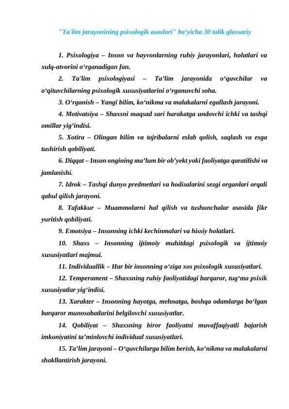 "Ta'lim jarayonining psixologik asoslari" bo‘yicha 30 talik glossariy
