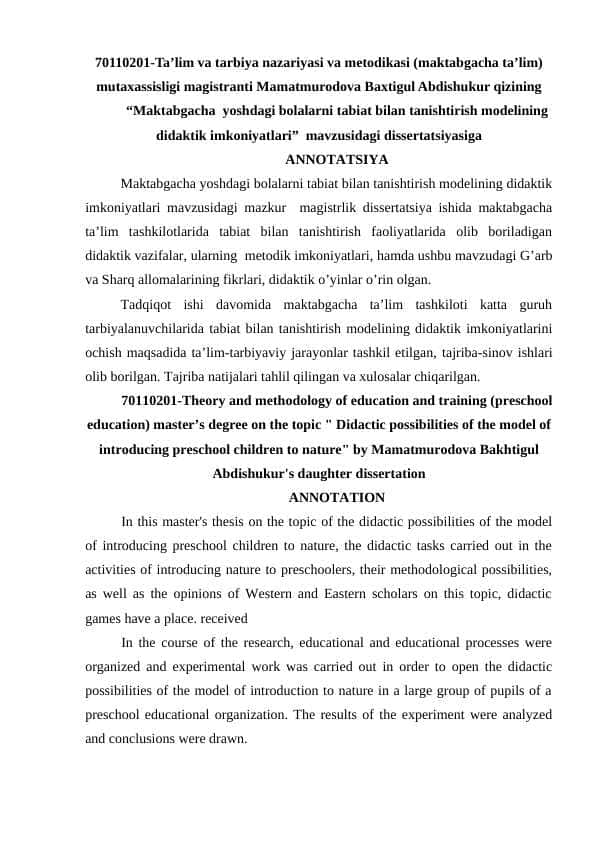 “Maktabgacha yoshdagi bolalarni tabiat bilan tanishtirish modelining didaktik imkoniyatlari”