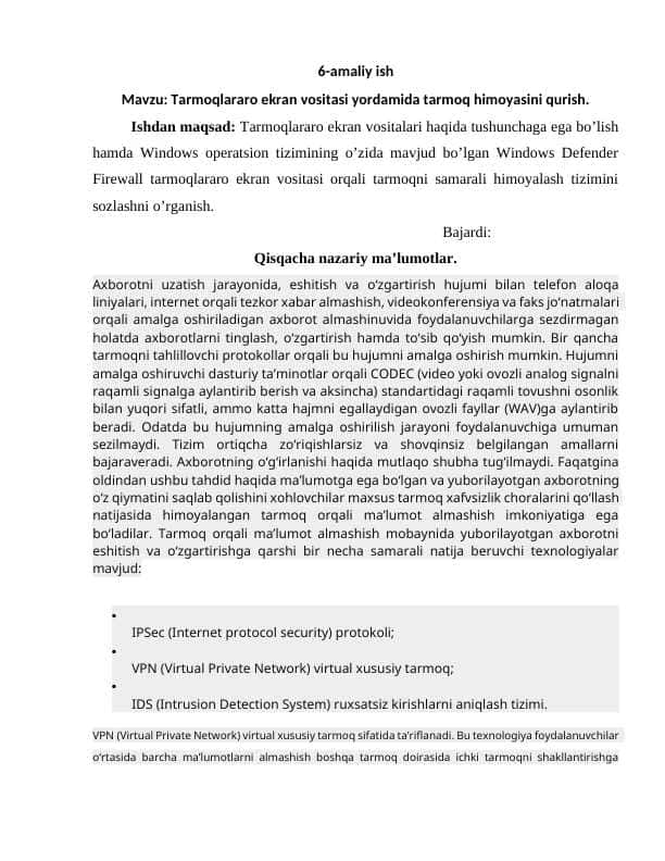 Tarmoqlararo ekran vositasi yordamida tarmoq himoyasini qurish.