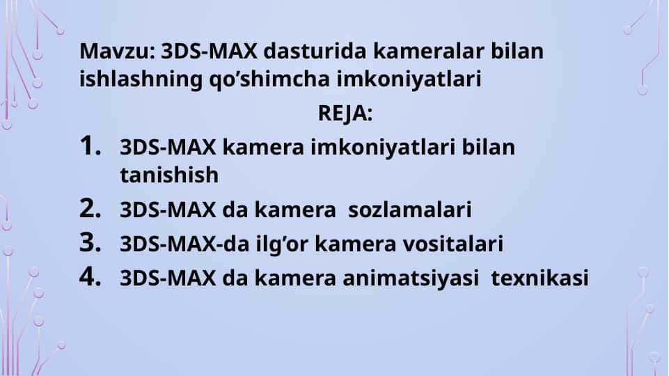3DS-MAX dasturida kameralar bilan ishlashning qo’shimcha imkoniyatlari