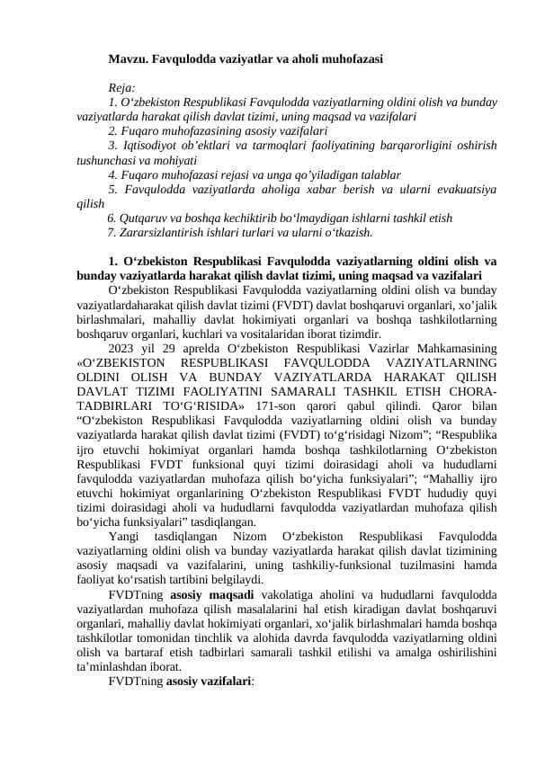 Favqulodda vaziyatlar va aholi muhofazasi