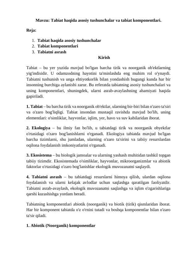Mavzu: Tabiat haqida asosiy tushunchalar va tabiat komponentlari.