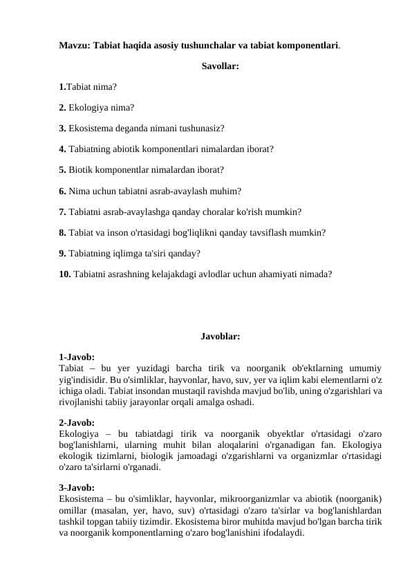 Mavzu: Tabiat haqida asosiy tushunchalar va tabiat komponentlari