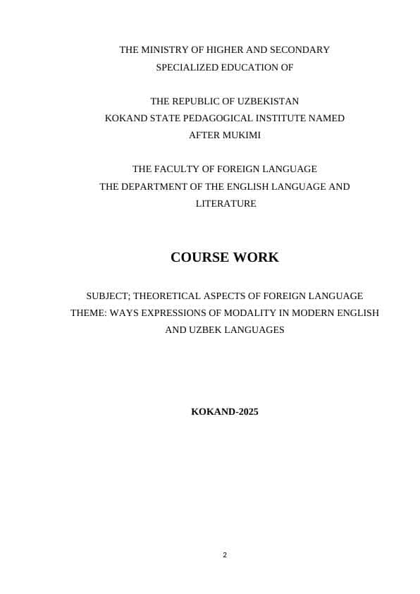 WAYS EXPRESSIONS OF MODALITY IN MODERN ENGLISH AND UZBEK LANGUAGES