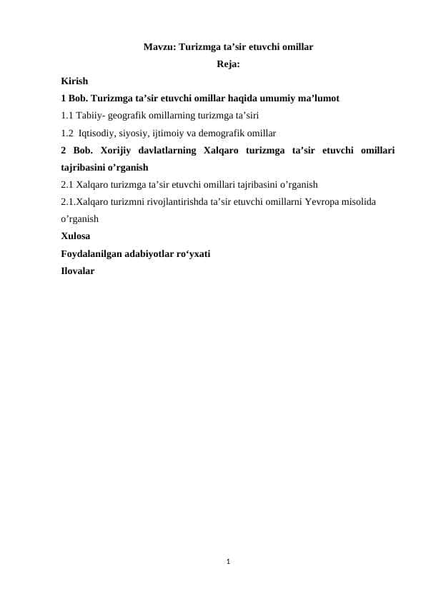 Turizmga ta’sir etuvchi omillar