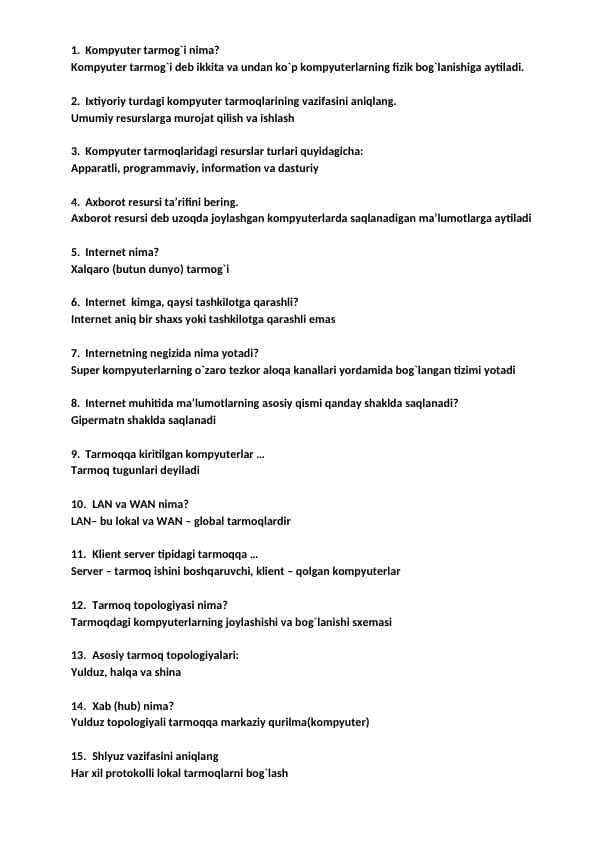 KOMPYUTERNI TASHKIL ETISH Test + javoblar bilan