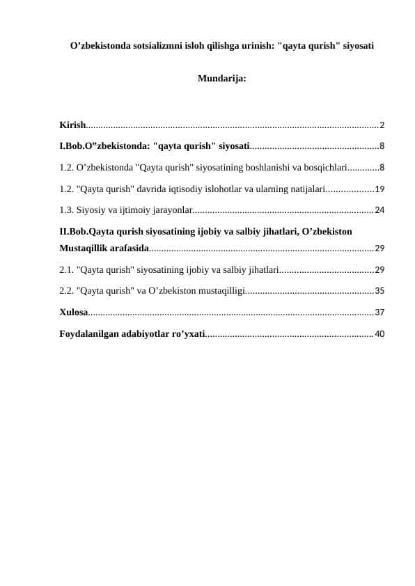 O’zbekistonda sotsializmni isloh qilishga urinish: "qayta qurish" siyosati
