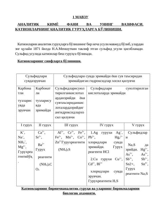 АНАЛИТИК КИМЁ ФАНИ ВА УНИНГ ВАЗИФАСИ. КАТИОНЛАРНИНГАНАЛИТИК ГУРУҲЛАРГА БЎЛИНИШИ