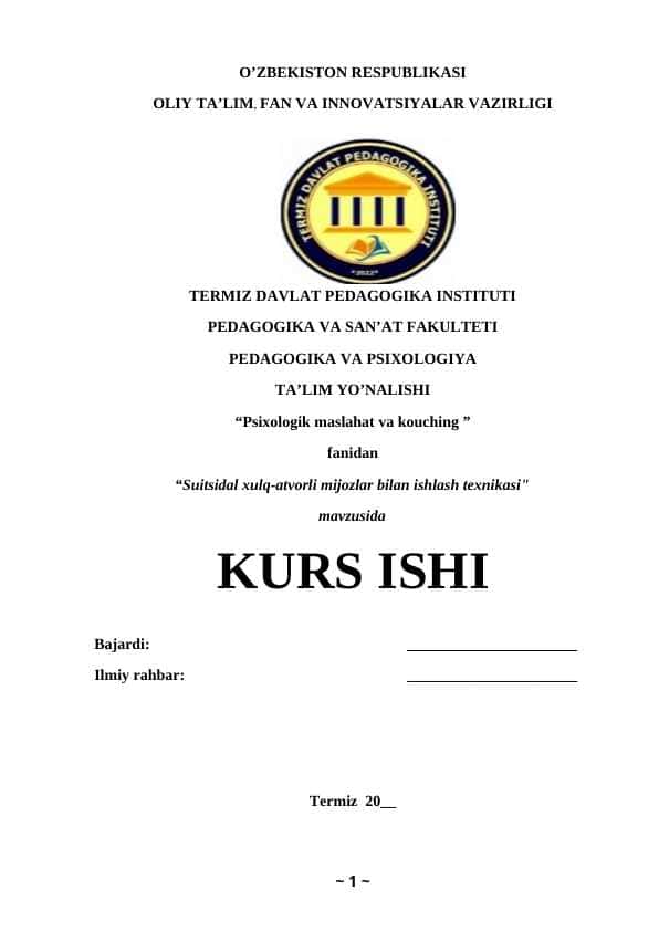 Suitsidal xulq-atvorli mijozlar bilan ishlash texnikasi