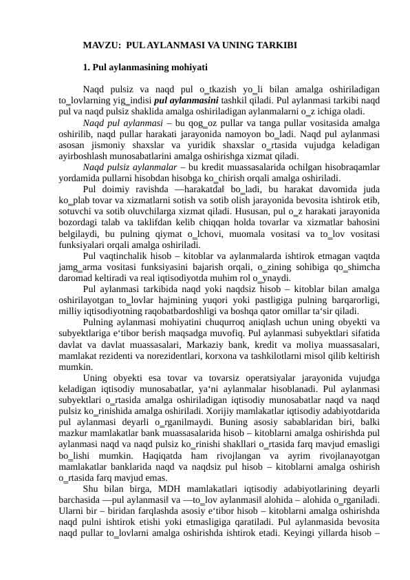 PUL AYLANMASI VA UNING TARKIBI