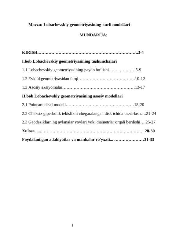 Lobachevskiy geometriyasining turli modellari