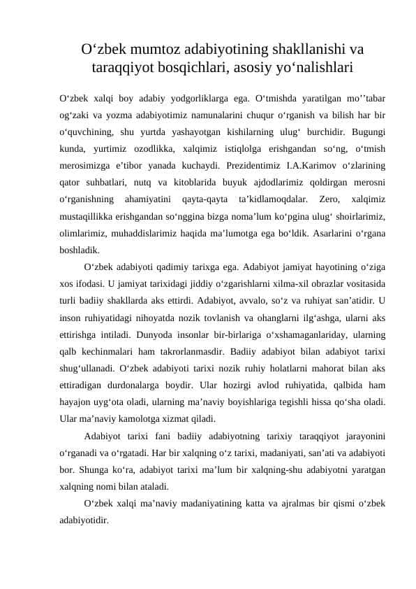 Ozbek mumtoz adabiyotining shakllanishi va taraqqiyot bosqichlari, asosiy yonalishlar