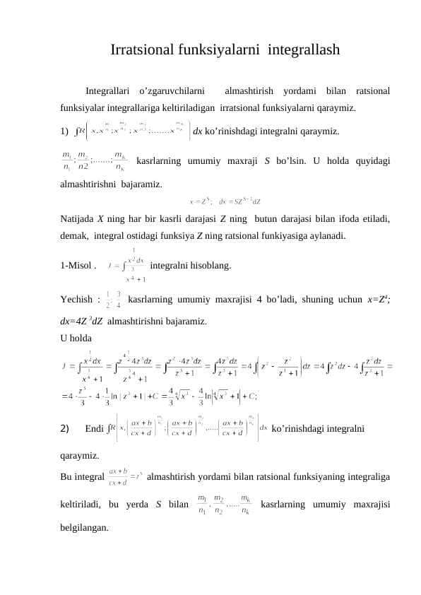 Irratsional funksiyalarni integrallash